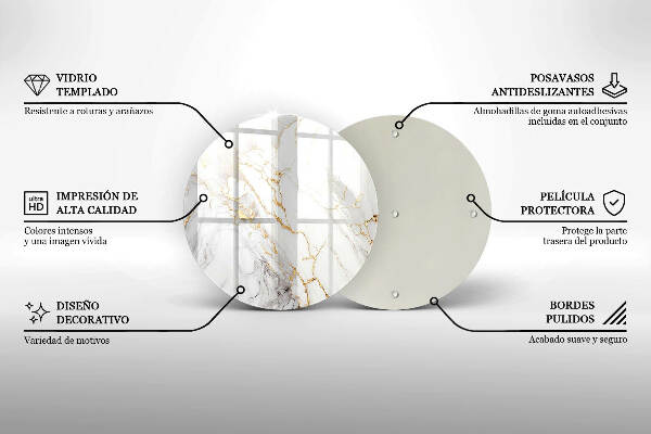 Piatto in vetro per candele con motivo in marmo chiaro e dettagli dorati
