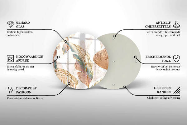 Piatto in vetro per candele con decorazione di piume e foglie in stile boho