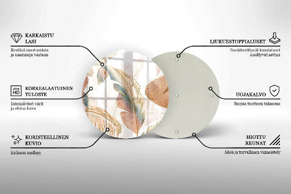 Piatto in vetro per candele con decorazione di piume e foglie in stile boho