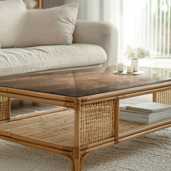 Piano in vetro per tavolo rettangolare con struttura in legno ecologico