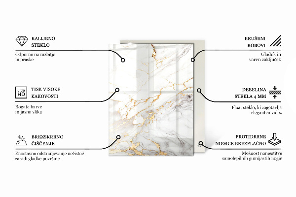 Piano in vetro per tavolo rettangolare con una grafica effetto marmo