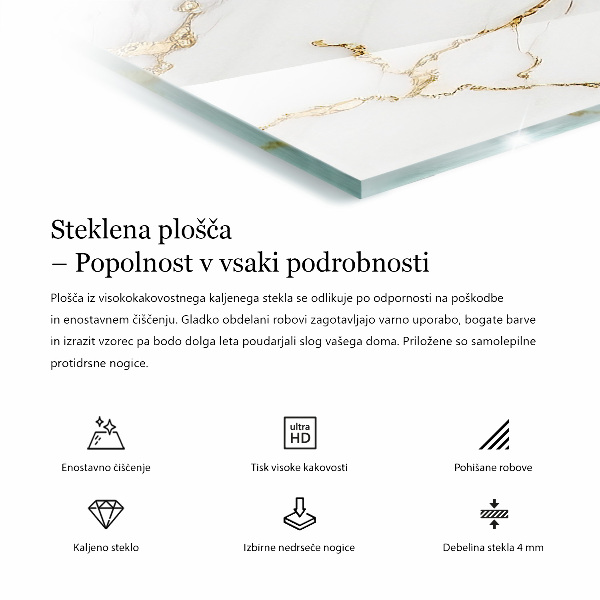 Piano in vetro per tavolo rettangolare con una grafica effetto marmo