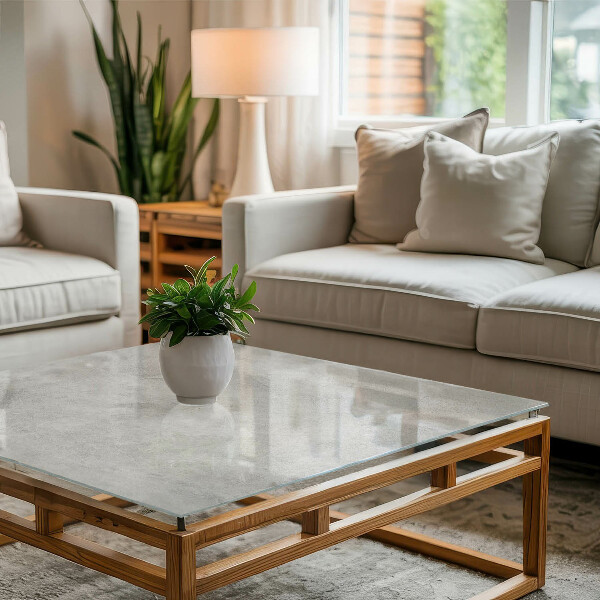 Piano in vetro per tavolo rettangolare con graffi sulla superficie effetto cemento