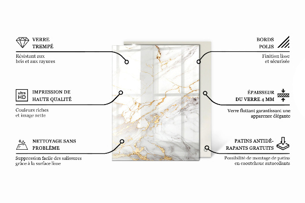 Piano in vetro per tavolo rettangolare con finitura effetto marmo dalle venature delicate