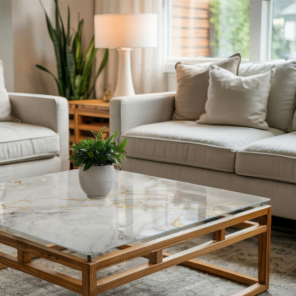 Piano in vetro per tavolo rettangolare con sottili venature di marmo