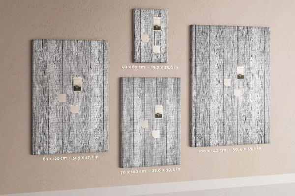 Bacheca di sughero con stampa effetto assi di legno grigie