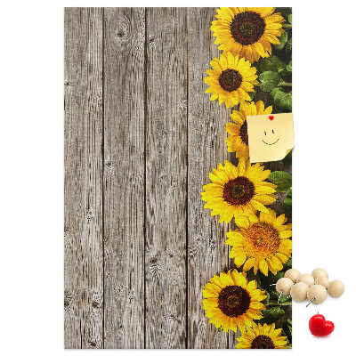 Bacheca in sughero con stampa di girasoli su sfondo in legno