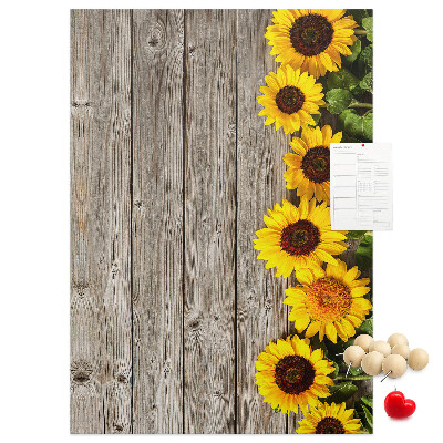 Bacheca in sughero con stampa di girasoli su sfondo in legno