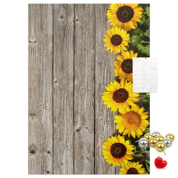 Bacheca in sughero con stampa di girasoli su sfondo in legno
