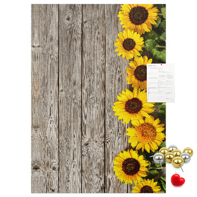 Bacheca in sughero con stampa di girasoli su sfondo in legno