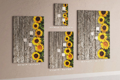 Bacheca in sughero con stampa di girasoli su sfondo in legno