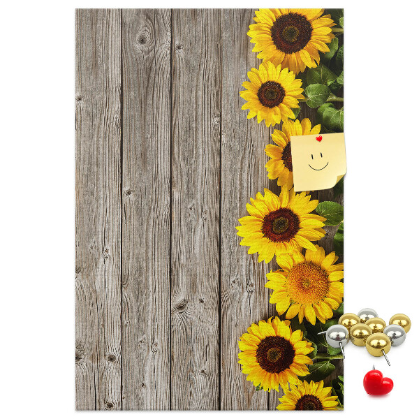 Bacheca in sughero con stampa di girasoli su sfondo in legno