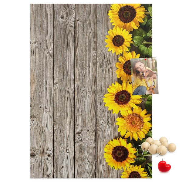 Bacheca in sughero con stampa di girasoli su sfondo in legno
