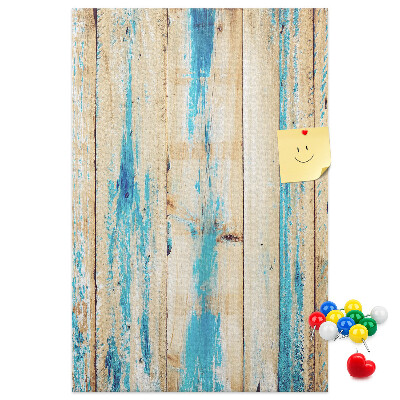 Bacheca di sughero con cornice in legno anticato e dettagli blu