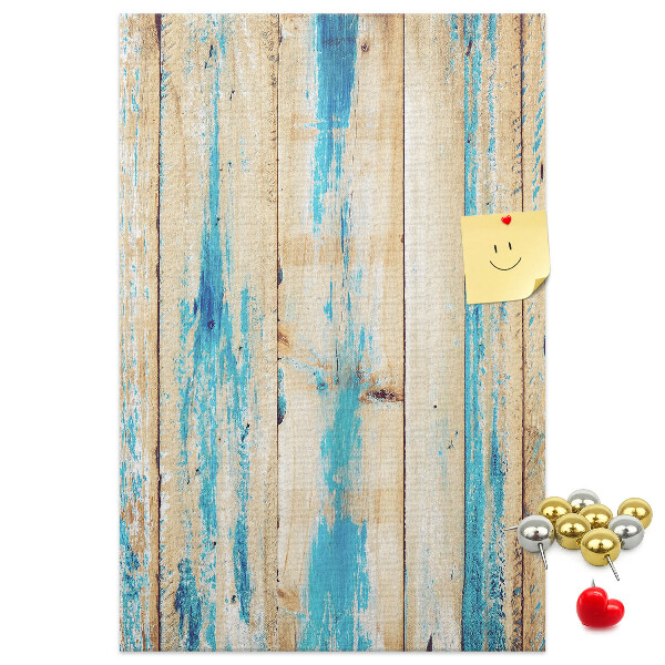 Bacheca di sughero con cornice in legno anticato e dettagli blu