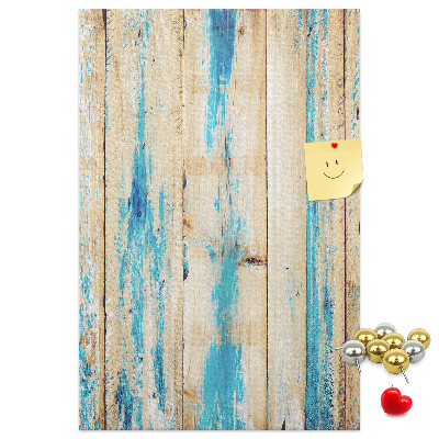 Bacheca di sughero con cornice in legno anticato e dettagli blu