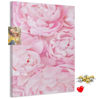 Bacheca di sughero con stampa di delicate peonie rosa in piena fioritura