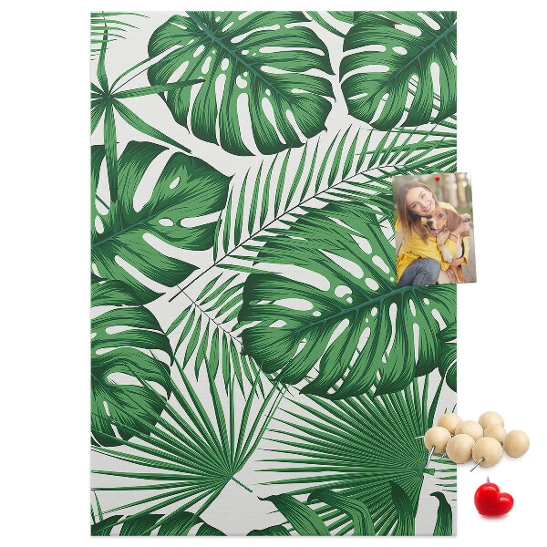 Bacheca di sughero con stampa di foglie di Monstera su sfondo chiaro