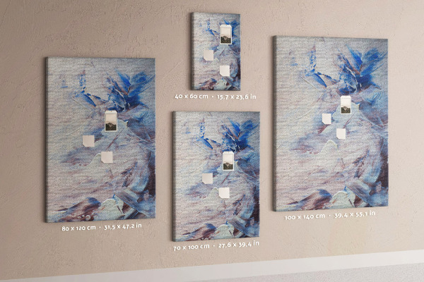 Bacheca di sughero con motivo di schizzi astratti di vernice blu e bianca
