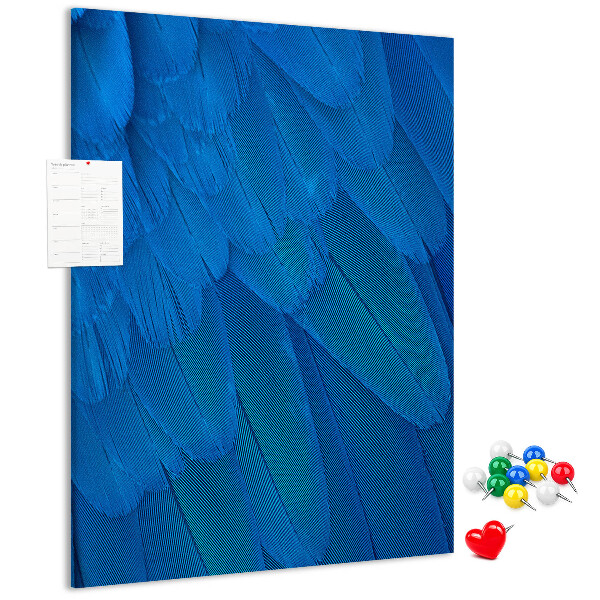 Bacheca di sughero con stampa piume blu nella luce soffusa