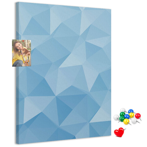 Bacheca di sughero con stampa a forme geometriche in varie tonalità di blu
