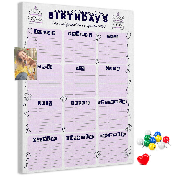 Lavagna in sughero calendario dei compleanni con decorazione di palloncini colorati