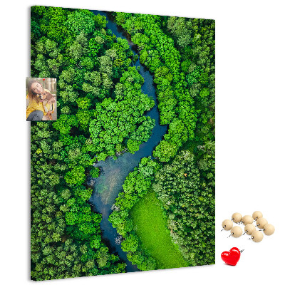 Bacheca di sughero con stampa di un paesaggio verdeggiante con fiume serpeggiante