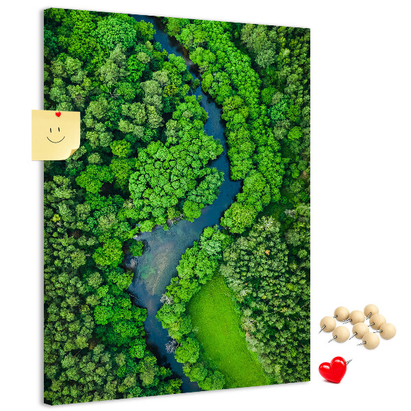 Bacheca di sughero con stampa di un paesaggio verdeggiante con fiume serpeggiante