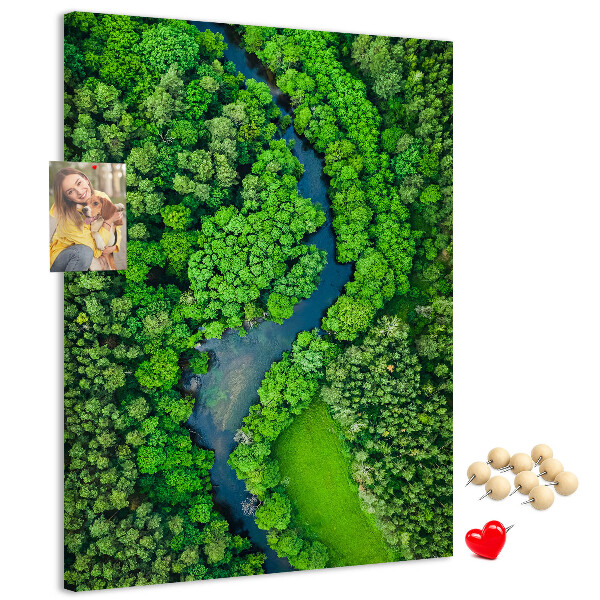Bacheca di sughero con stampa di un paesaggio verdeggiante con fiume serpeggiante