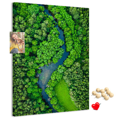 Bacheca di sughero con stampa di un paesaggio verdeggiante con fiume serpeggiante