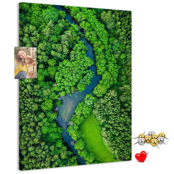 Bacheca di sughero con stampa di un paesaggio verdeggiante con fiume serpeggiante