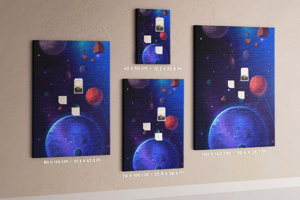 Lavagna in sughero con stampa paesaggio spaziale con pianeti e asteroidi