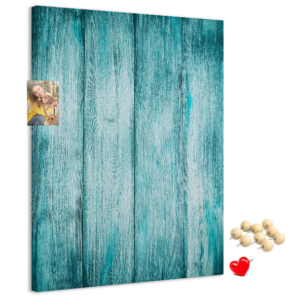 Bacheca di sughero con sfondo in assi di legno blu effetto soleggiato