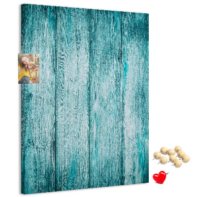 Bacheca di sughero con sfondo in assi di legno blu effetto soleggiato