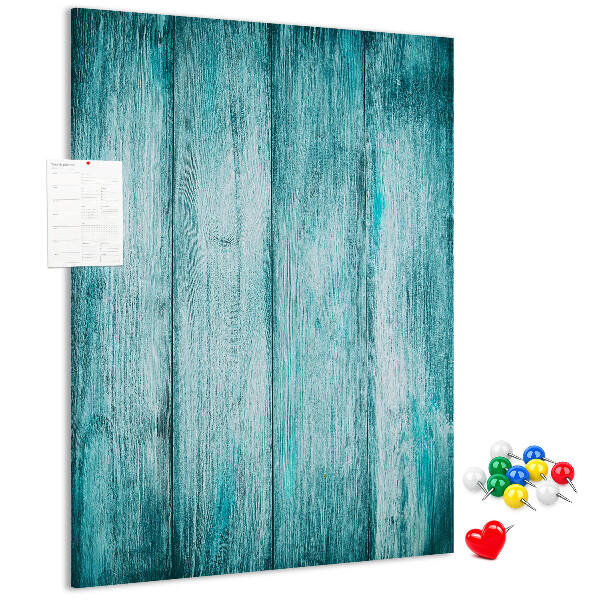 Bacheca di sughero con sfondo in assi di legno blu effetto soleggiato