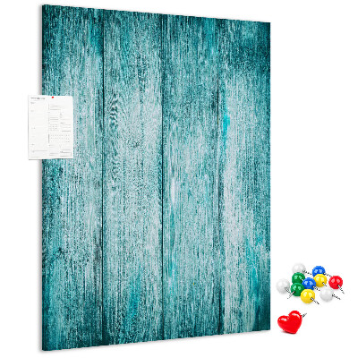 Bacheca di sughero con sfondo in assi di legno blu effetto soleggiato