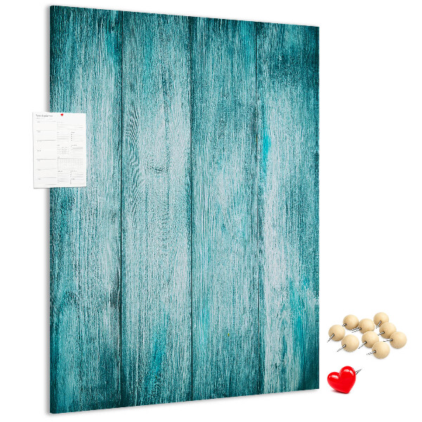 Bacheca di sughero con sfondo in assi di legno blu effetto soleggiato
