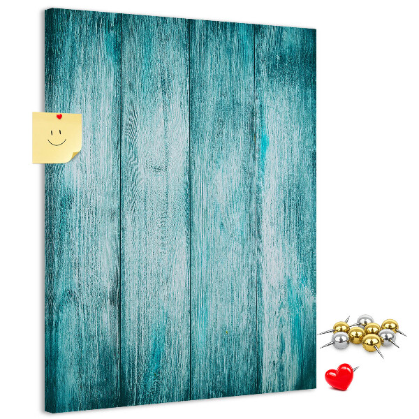 Bacheca di sughero con sfondo in assi di legno blu effetto soleggiato