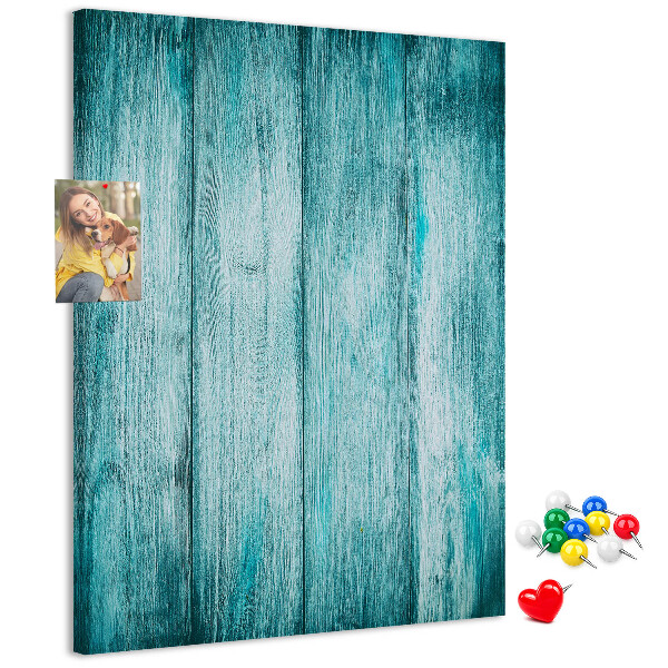 Bacheca di sughero con sfondo in assi di legno blu effetto soleggiato