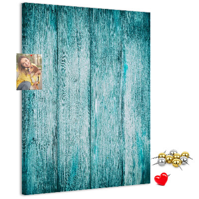 Bacheca di sughero con sfondo in assi di legno blu effetto soleggiato