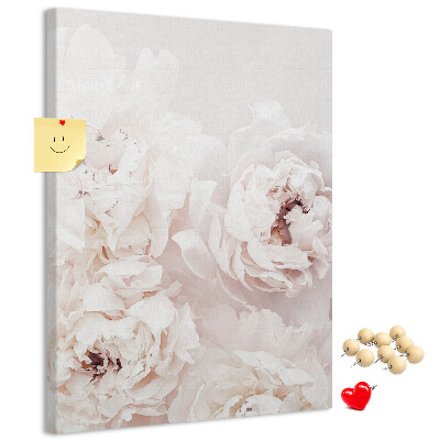 Bacheca di sughero con stampa di peonie delicate dalle tonalità chiare