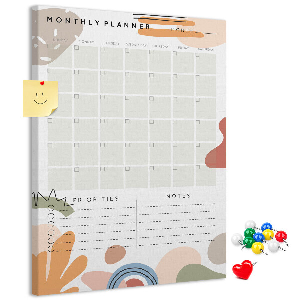 Bacheca di sughero agenda mensile colorata con forme astratte