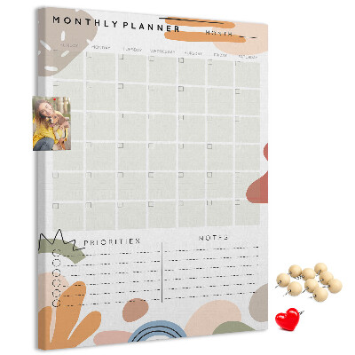 Bacheca di sughero agenda mensile colorata con forme astratte