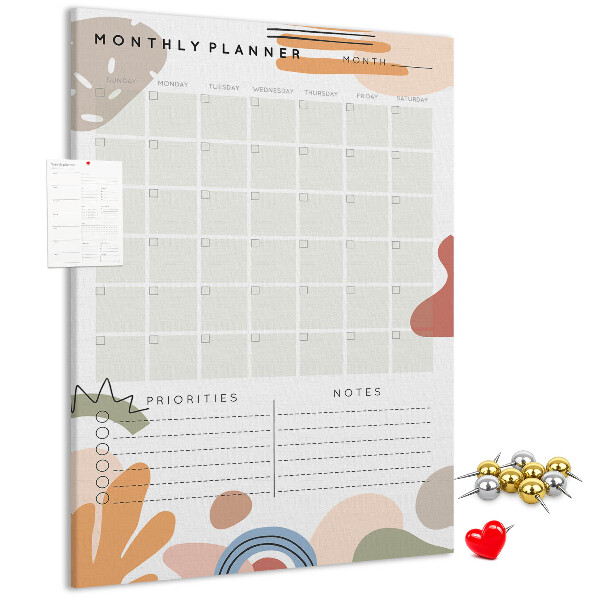 Bacheca di sughero agenda mensile colorata con forme astratte