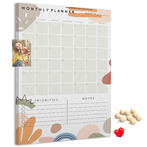 Bacheca di sughero agenda mensile colorata con forme astratte
