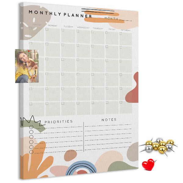 Bacheca di sughero agenda mensile colorata con forme astratte