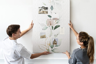 Bacheca di sughero con stampa di foglie delicate in varie tonalità di verde