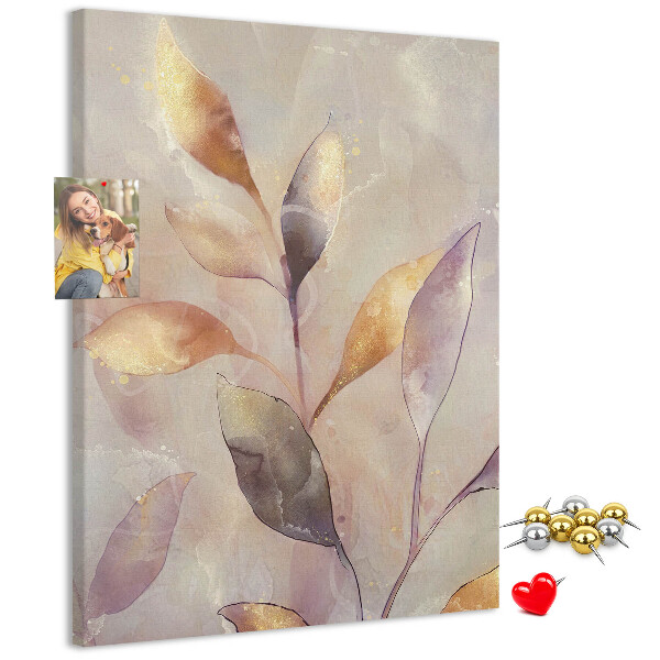 Bacheca di sughero con stampa di foglie delicate dai toni pastello