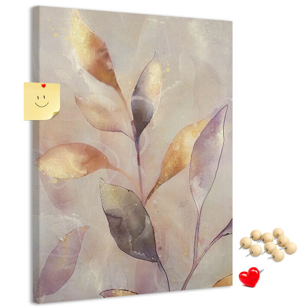 Bacheca di sughero con stampa di foglie delicate dai toni pastello