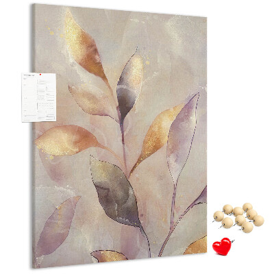 Bacheca di sughero con stampa di foglie delicate dai toni pastello